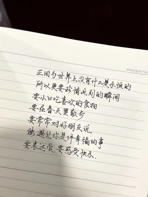 正因为世界上没有什么是永恒的，所以更要珍惜此刻的瞬间。要从小口吃喜欢的食物，要在春天里散步，要常常对好朋友说，能遇见你是件幸福的事。要表达爱，要感受快乐。