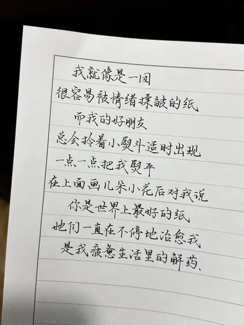 我就像是一团很容易被情绪揉皱的纸，而我的好朋友总会拎着小熨斗适时出现，一点一点把我熨平，在上面画几朵小花后对我说，你是世界上最好的纸。她们在不停地治愈我，是我疲惫生活里的解药。