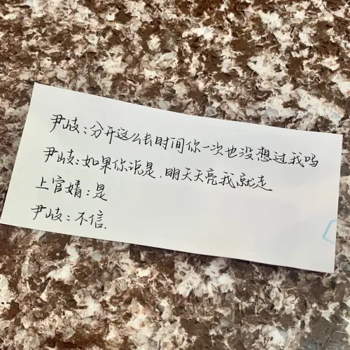 尹岐：分开这么久时间你一次也没想过我吗
尹岐：如果你说是，明天天亮我就走
上官婧：是
尹岐：不信